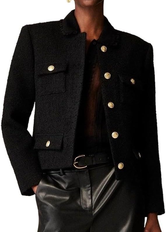 Women's Collarless Cropped Tweed Blazer Button Front Casual Business Jacket with Decorative Pockets