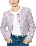Women's Slim Fit Tweed Blazer Jacket Long Sleeve Cropped Office Coat with Button Closure and Pocket Design