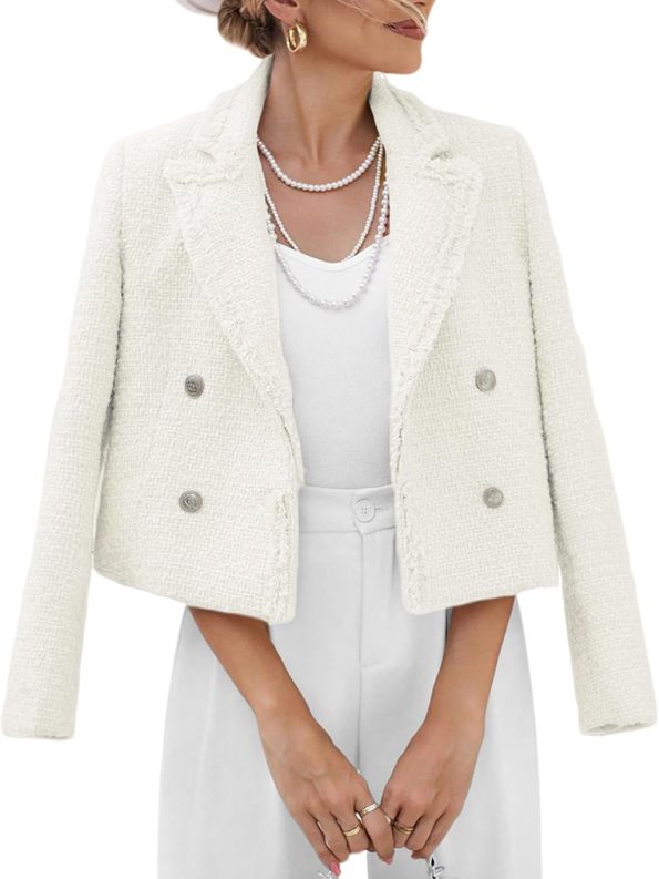 Women's Elegant Cropped Tweed Jacket Fully Lined Warm Button Coat with Pockets for Daily and Business Outfits