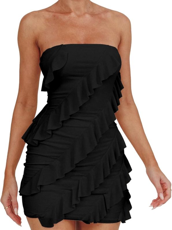 Women’s Strapless Bodycon Mini Dress with Ruffle Trim