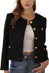 Women's Elegant Cropped Tweed Jacket Round Neck Long Sleeve Business Casual Outerwear with Pockets
