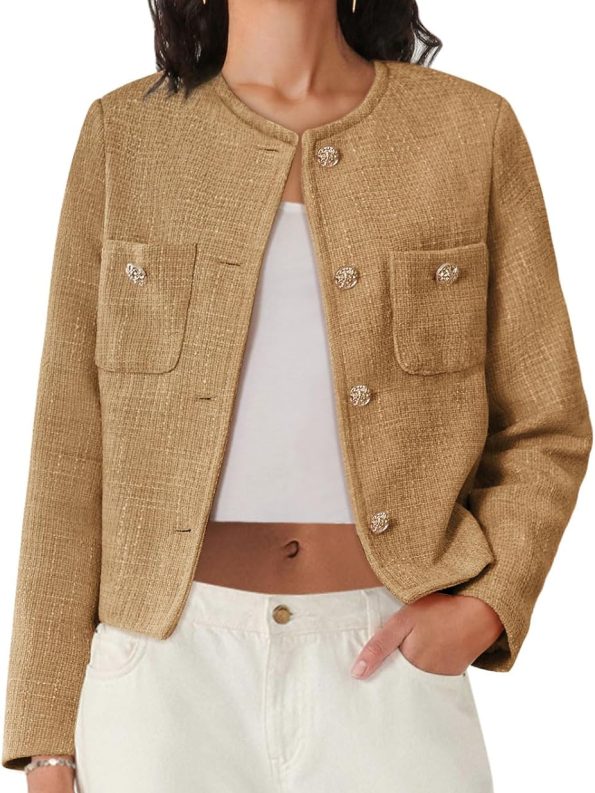 Women's Cropped Tweed Blazer Jacket with Long Sleeves Button Front and Functional Pockets for Office Casual Wear