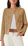 Women's Cropped Tweed Blazer Jacket with Long Sleeves Button Front and Functional Pockets for Office Casual Wear