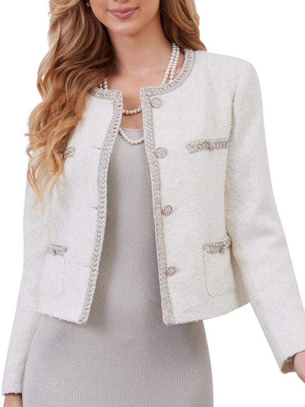 Women's Tweed Cardigan Style Blazer Jacket Long Sleeve Crewneck Open Front Cropped Coat with Pockets