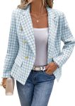 Women’s Plaid Double Breasted Tweed Work Jacket with Pockets